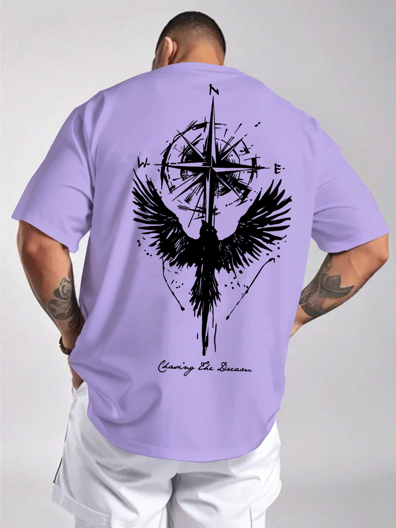 Men'S Summer Short Sleeve T-Shirt with Bold Eagle & Compass Print - Light Blue Casual Round Neck Tee, Comfortable Stretch Fabric for Casual Attire, Everyday Tshirt | Bold Graphic Tee | Comfortable Fit