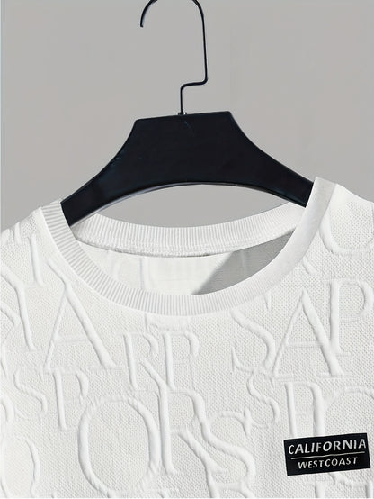 Men's Summer Casual Short Sleeve T-Shirt - Relaxed Fit Round Neck with Vertical Letter Print & Elastic Cuffs, Breathable Fabric for Daily Wear, Commuting & Outdoor Activities, Shirts for Summer