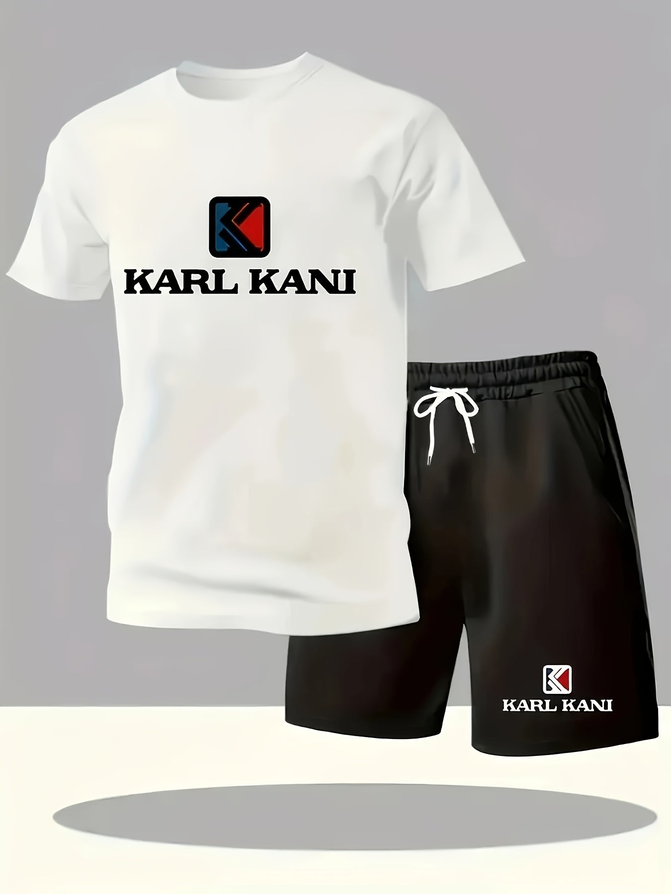 Summer Men's Casual Sport Short Sleeve T-Shirt and Shorts Set, Knitted Polyester Fabric, Comfortable Breathable, Suitable for Outdoor Jogging Running Fitness, KARL KANI Letter Print Design - 2pcs