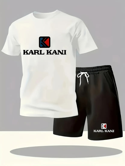 Summer Men's Casual Sport Short Sleeve T-Shirt and Shorts Set, Knitted Polyester Fabric, Comfortable Breathable, Suitable for Outdoor Jogging Running Fitness, KARL KANI Letter Print Design - 2pcs