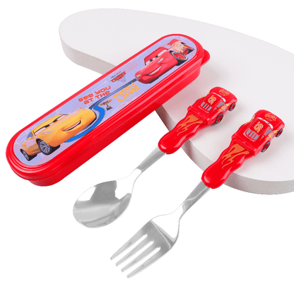 3pcs/set Cars Lightning McQueen Stainless Steel Fork And Spoon Set with Box, Portable Reusable Tableware, Kawaii Home And Outdoor School Supplies, Camping Accessories Christmas Birthday Gift