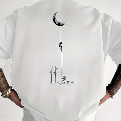 Men's Graphic Print Short Sleeve T-Shirt - Black Relaxed Fit Casual Round Neck, Durable Polyester Fabric, Machine Washable Summer Outdoor Top, Moon And Trees Design | Lightweight Clothing