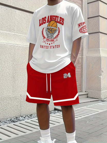 2pcs Men'S Summer Basketball Training Running Suit, Basketball Short Sleeve T-Shirt and 24 Shorts Set