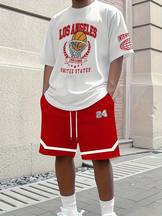 2pcs Men'S Summer Basketball Training Running Suit, Basketball Short Sleeve T-Shirt and 24 Shorts Set