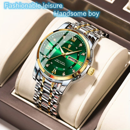 1pc Men's Fashion Stainless Steel Quartz Watch with Date Function, Rhinestone Accents, Luminous Hands, Round Dial - Casual Style, Battery Powered, Water Resistant, Ideal Gift for Birthdays and Anniversaries