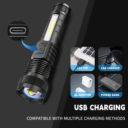 A Multifunctional Outdoor Flashlight, Featuring a Super Bright Telescopic Zoom, Rechargeable Camping Light, Suitable for Travel, Camping, Hiking, Fishing, And Emergencies.