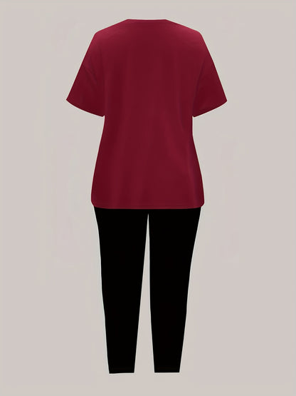 Women'S "Klein" Print Short Sleeve T-Shirt & Black Pants Two-Piece Set - Casual, Stretchy Fabric, Pink & Black Design, Spring/Summer Casual Wear, Casual Attire|Graphic Tee|Stretchy