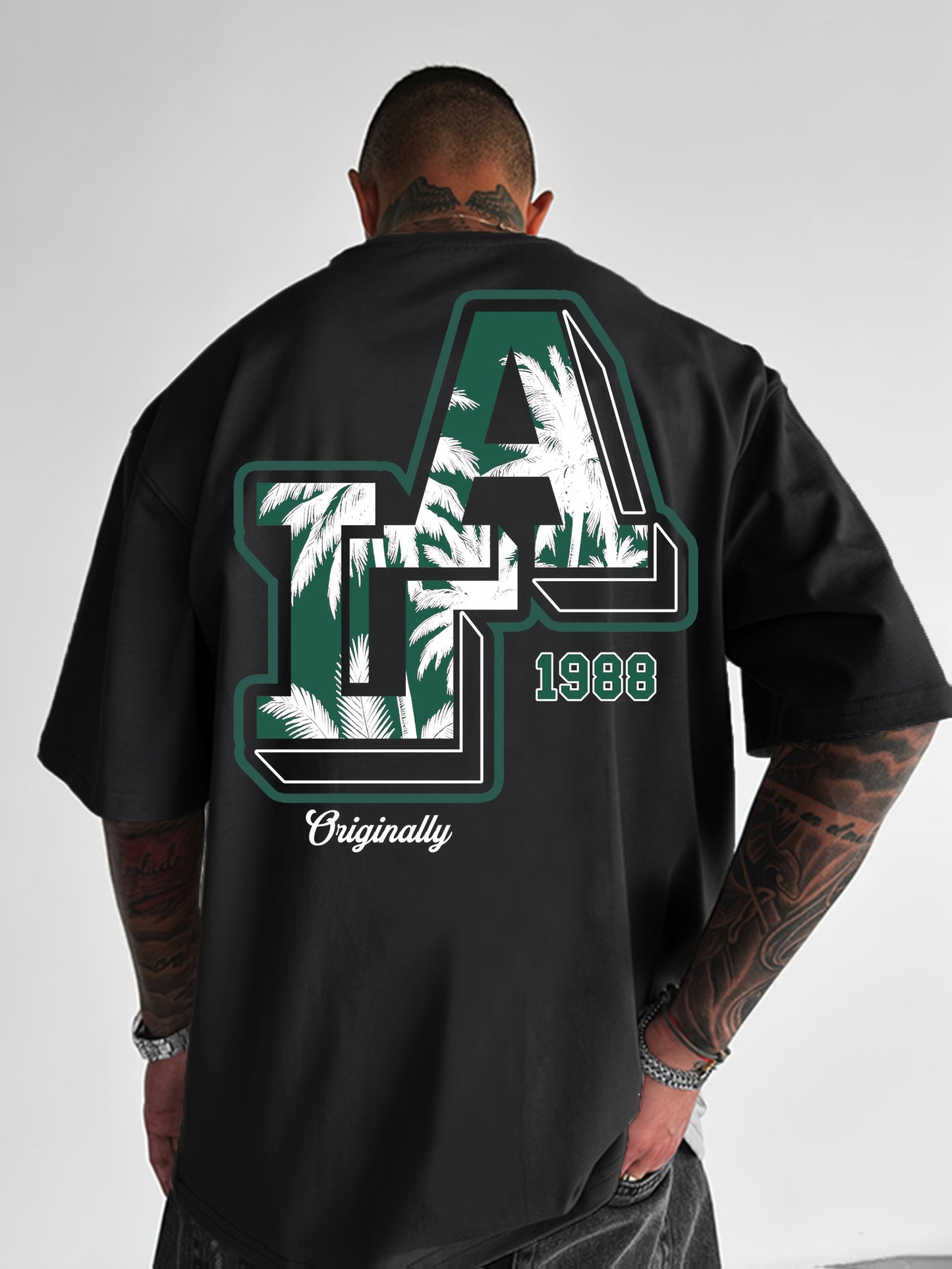 Men'S Casual Y2K LA Graphic T-Shirt - Bold Oversized "LA" Letter Print, Comfortable & Breathable with Slight Stretch, Perfect for Home & Outdoor Activities, Spring/Summer Fashion, Machine Washable, Loose Fit Short Sleeve Crew
