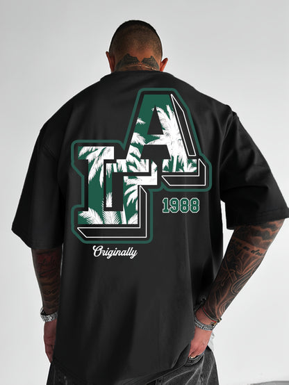 Men'S Casual Y2K LA Graphic T-Shirt - Bold Oversized "LA" Letter Print, Comfortable & Breathable with Slight Stretch, Perfect for Home & Outdoor Activities, Spring/Summer Fashion, Machine Washable, Loose Fit Short Sleeve Crew