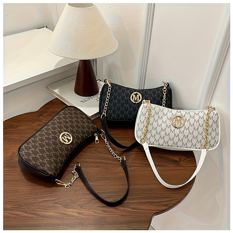 French Vintage Underarm Bag for Women, New Letter Print Crossbody Small Square Bag with Chain Shoulder Handbag, Perfect Lily Women'S Adjustable Crossbody Strap M Logo - Zipper Closure Shoulder Backpack, Suitable for Daily Com