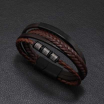 New Hot Selling Men's Vintage Hand-woven Multi-layer Beaded Alloy Magnetic Buckle PU Men's Bracelet