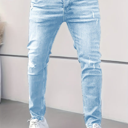 Men'S Light Blue Distressed Skinny Jeans - Stretch Denim, Slim Fit, Casual Style with Ripped Details, All-Season Comfort, Casual Attire Jeans|Distressed Denim|Stretch Denim Fabric