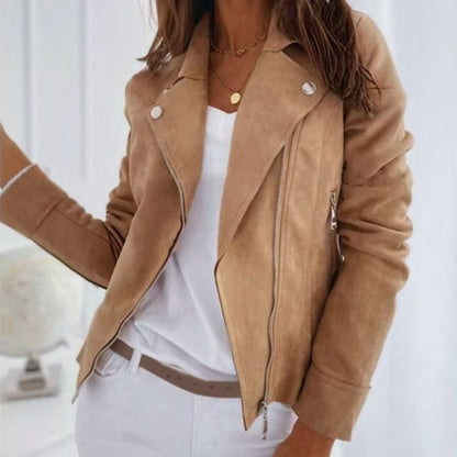 Women'S Casual Slim-Fit Faux Leather Jacket with Stand Collar, Zipper Front & Button Details - Beige, Long Sleeves, Regular Fit for Fall/Winter, Autumn Winter Jacket | Stand Collar Jacket | Zipper Closure Jacket