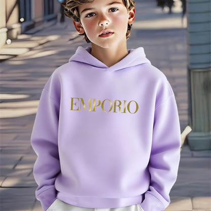 Boys' Cozy Soft Hoodie with "EMPORIO" Print - Navy Blue Casual Long Sleeve Pullover for Fall/Winter, Comfortable Outdoor Sportswear, Hoodie for Winter, Autumn Clothing, Stylish Pullover, Soft Fabric Hoodie