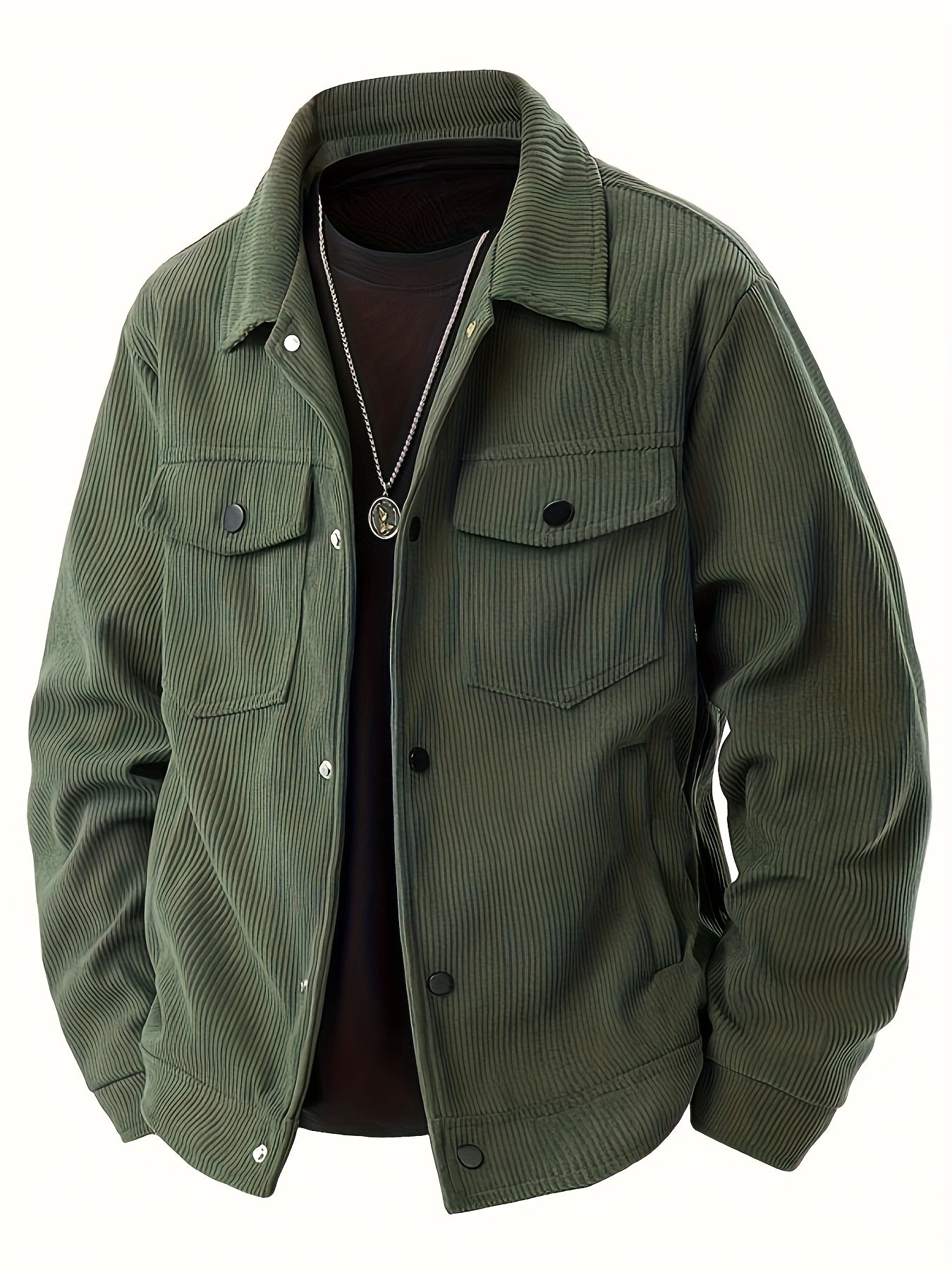 Men'S Plus Size Corduroy Bomber Jacket - Casual Workwear with Snap Buttons, Flap Pockets, and Polyester Lining - Machine Washable, Autumn & Spring Fashion, Casual Outerwear | Casual Jacket | Polyester Lining Jacket