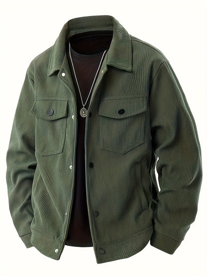 Men'S Plus Size Corduroy Bomber Jacket - Casual Workwear with Snap Buttons, Flap Pockets, and Polyester Lining - Machine Washable, Autumn & Spring Fashion, Casual Outerwear | Casual Jacket | Polyester Lining Jacket