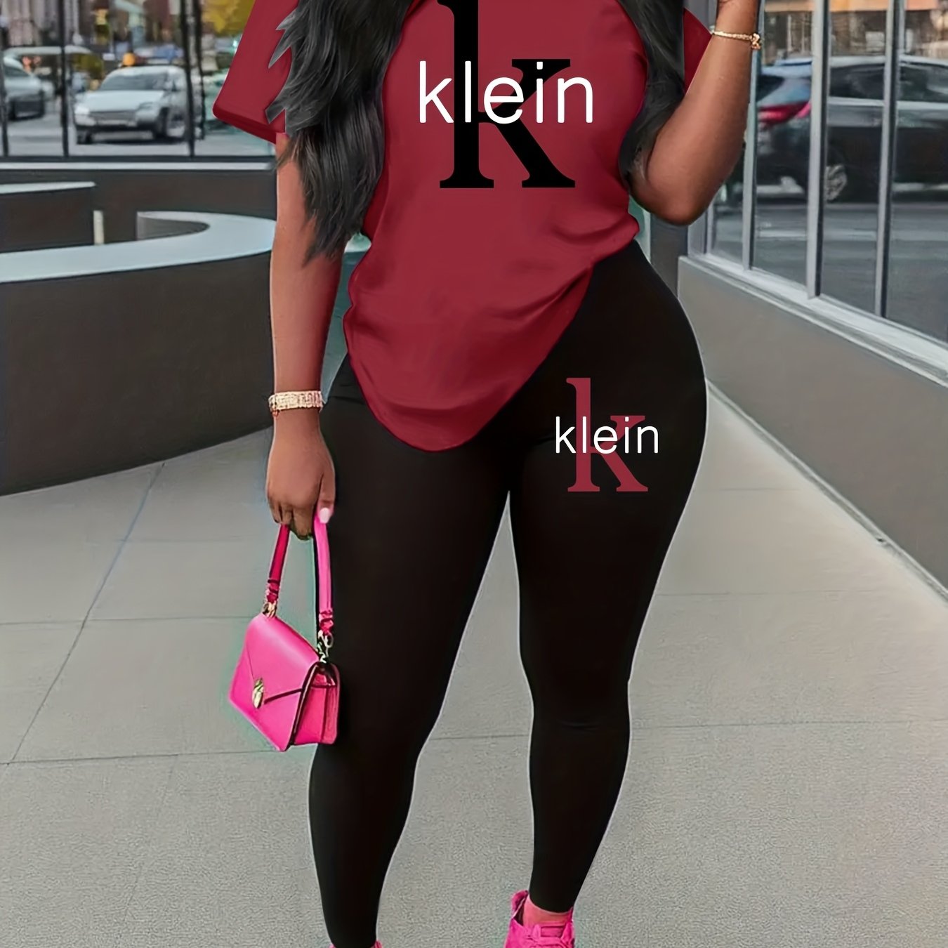 Women'S "Klein" Print Short Sleeve T-Shirt & Black Pants Two-Piece Set - Casual, Stretchy Fabric, Pink & Black Design, Spring/Summer Casual Wear, Casual Attire|Graphic Tee|Stretchy
