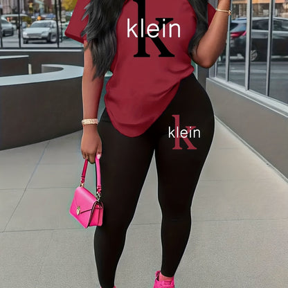 Women'S "Klein" Print Short Sleeve T-Shirt & Black Pants Two-Piece Set - Casual, Stretchy Fabric, Pink & Black Design, Spring/Summer Casual Wear, Casual Attire|Graphic Tee|Stretchy