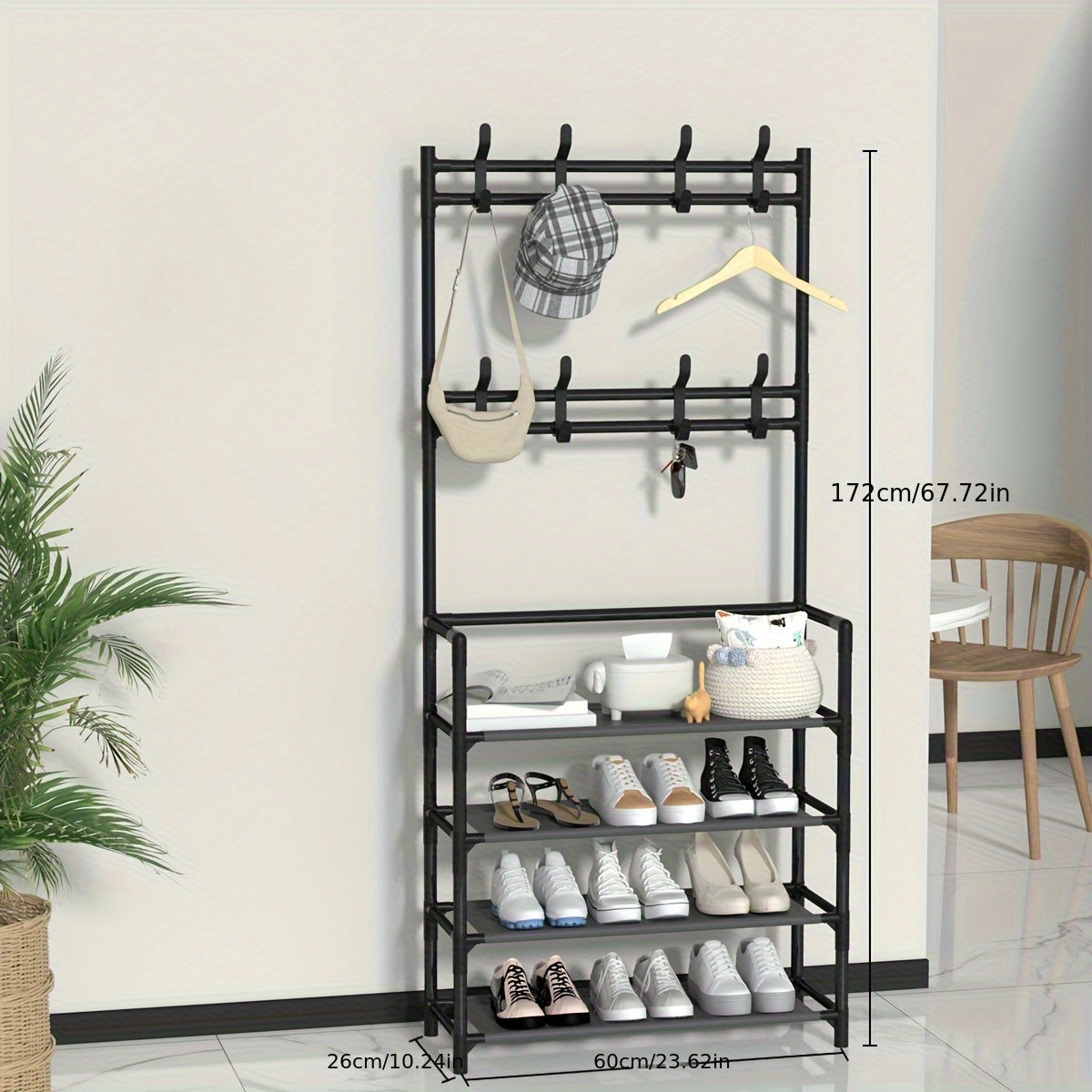 1pc Multi-Functional Entryway Organizer - Heavy-Duty Shoe Rack & Coat Hanger with Hooks, Space-Saving Hallway Storage Cabinet, Easy Assembly No Tools Needed, Sturdy Metal/Plastic Construction for Living Room, Bedroom, Office