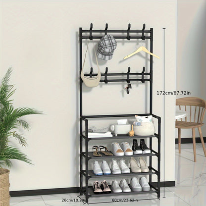 1pc Multi-Functional Entryway Organizer - Heavy-Duty Shoe Rack & Coat Hanger with Hooks, Space-Saving Hallway Storage Cabinet, Easy Assembly No Tools Needed, Sturdy Metal/Plastic Construction for Living Room, Bedroom, Office