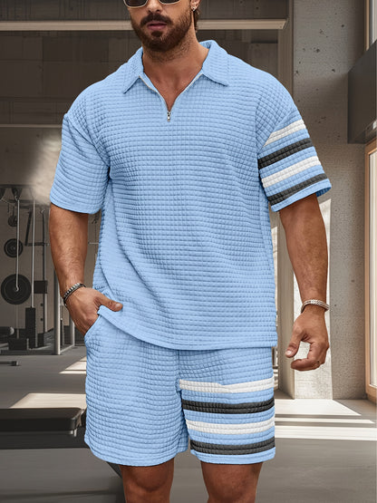 Men'S Sporty Casual Polo Shirt & Shorts Set - Quick-Dry, Breathable, Digital Red Stripe Design, Short Sleeve, Polyester Blend, Ideal for Spring/Fall Workouts, Casual Attire|Striped Shorts|Polyester Blen