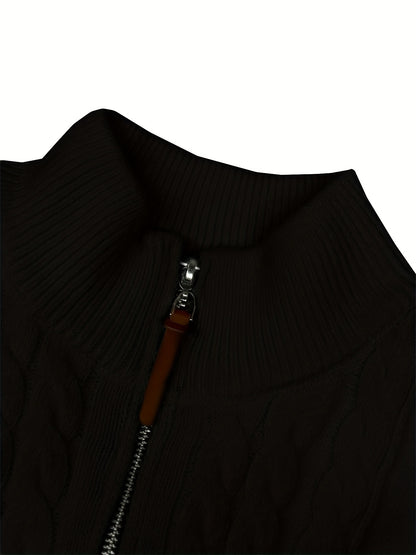 Men's Sweater, Half-High Collar Zip-Up Cable Knit Pullover with Adjustable Neckline, Classic Cable Weave Design, Minimalist and Versatile for Casual Wear, Mature and Stylish Look, Perfect for Autumn and Winter Seasons, Combin