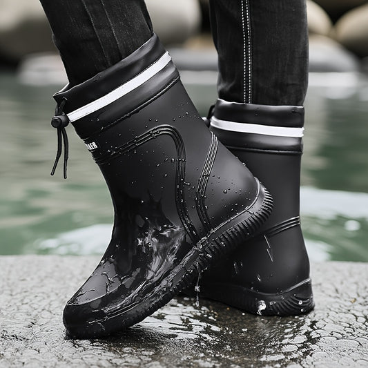 Men'S & Women'S Stylish Black Rain Boots with White Stripes - Waterproof, Slip-On, Round Toe Rain Boots for Outdoor Activities, Camping, and Beach Walking, Outdoor Footwear|Minimalist Design|PVC Upper Boots