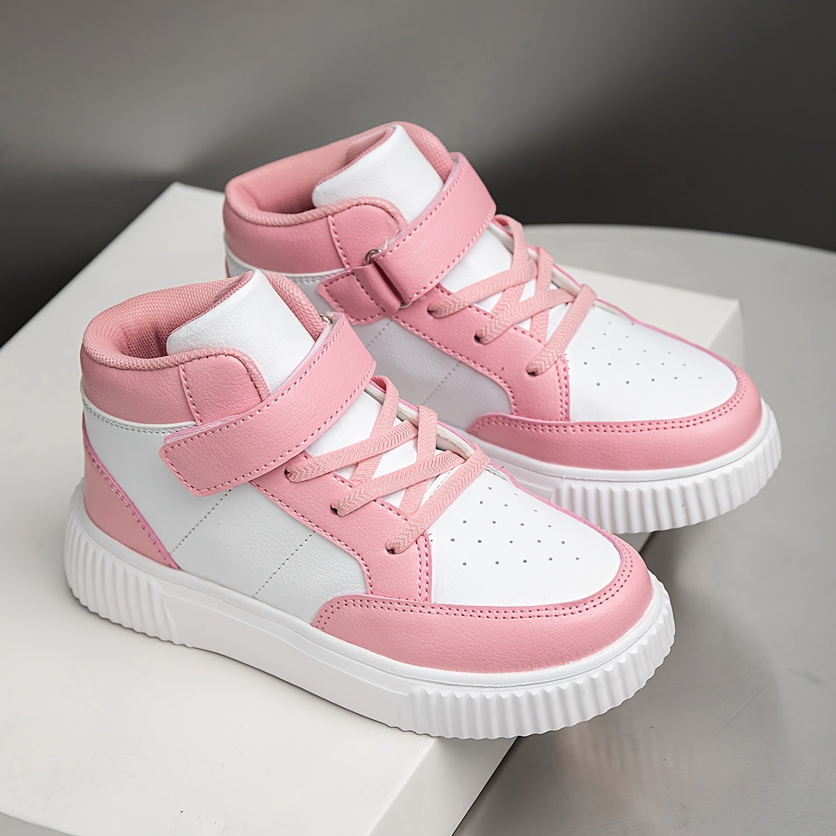 Girls' & Boys' White & Pink Checkerboard Mid-Top Sneakers - Lightweight PU Upper with EVA Sole, All-Season Comfort for School, Outdoor & Casual Wear - Easy Slip-On Design for Ages 14 & Under