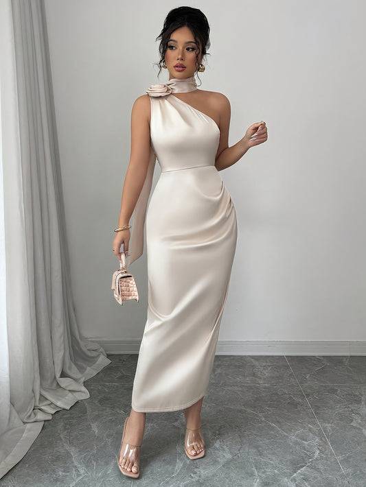 Women's Elegant Champagne Satin Off-the-Shoulder Mermaid Dress with Ruching Detail & Open Back - Bodycon Fit for Weddings, Parties, Formal Events