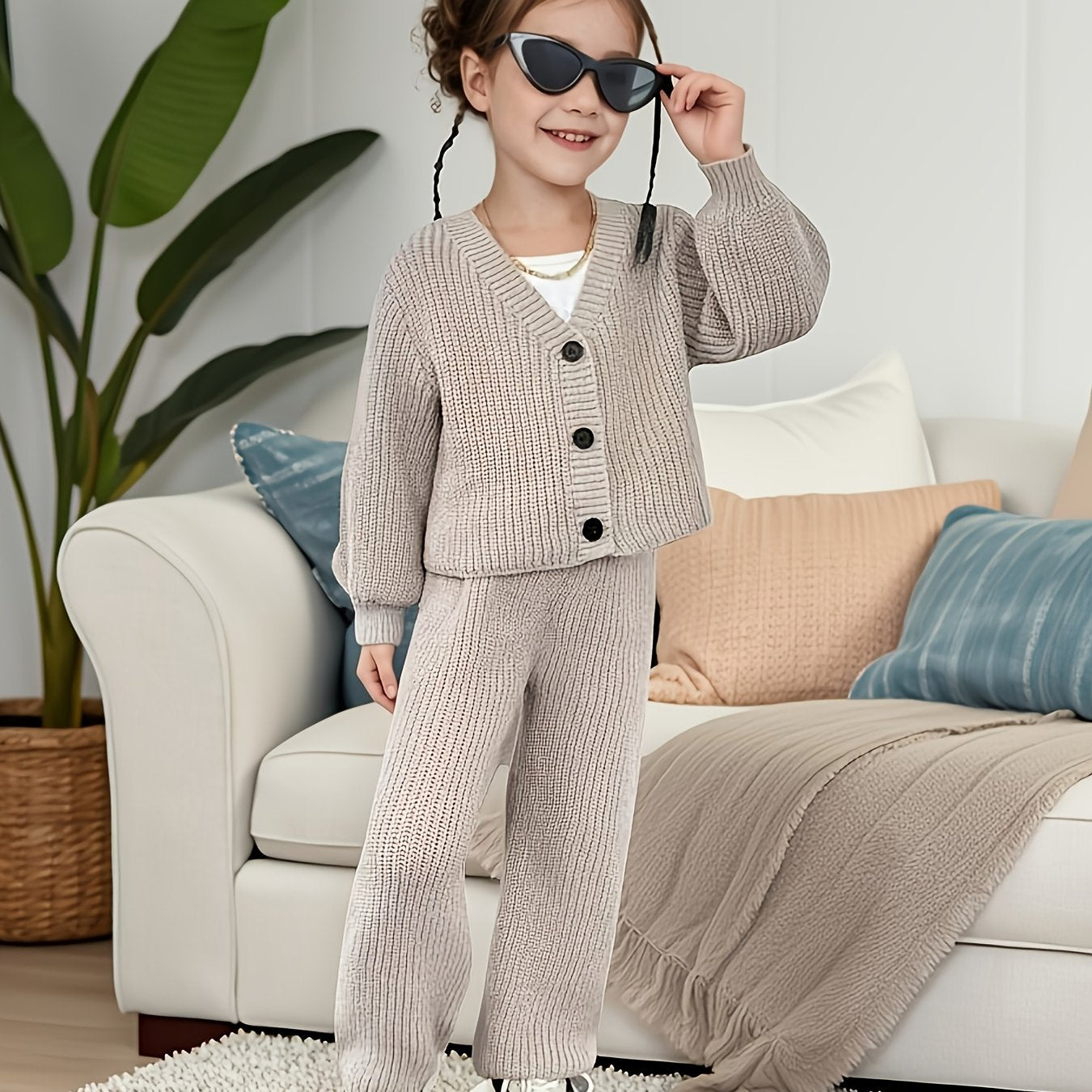 Girls' Spring/Autumn New Fashionable Long-Sleeve Knit Cardigan and Pants Two-Piece Set, Perfect for Outdoor