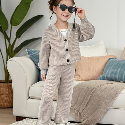 Girls' Spring/Autumn New Fashionable Long-Sleeve Knit Cardigan and Pants Two-Piece Set, Perfect for Outdoor