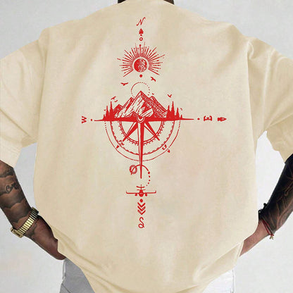 Men's Short Sleeve T-Shirt 100% Polyester Loose Fit Casual Round Neck Navy Blue with Golden Compass Rose Mountain Print - Summer Outdoor Adventure Graphic Tee, Modern Casual Top | Easy Care Clothing
