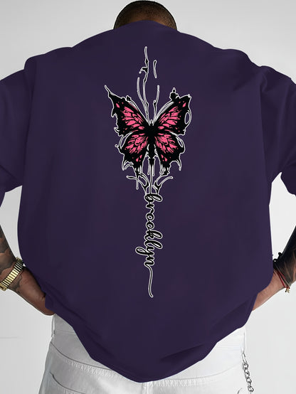 Men's Streetwear Graphic T-Shirt with Pink Butterfly & Brooklyn Letter Print - Loose Fit Casual Summer Tee, Breathable Round Neck Short Sleeve Shirt for Urban Fashion, Casual Attire, Streetstyle Tee, Relaxed Fit Top