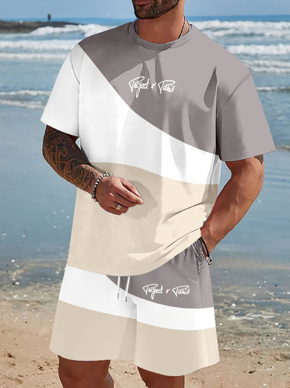 Men'S 3D Print Short Sleeve Set - Casual Athletic Beachwear with "Just & Vibes" Graphic, Beige & Gray, Drawstring Waist, Perfect for Outdoor Activities, Beach Outfit|Casual Style|Stretchy Fabric