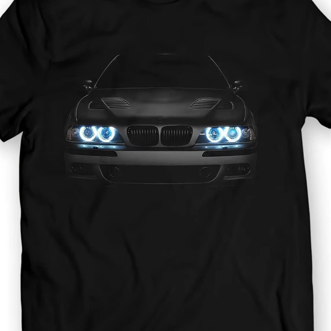 Legendary Bimmer E39 5 Series Unisex T-Shirt - Black with Blue Headlights & Striped Design, Casual Cotton Crew Neck Tee for Men & Women, Perfect for All Seasons, Casual Wear | Sporty Design | Medium Stretch Fabric