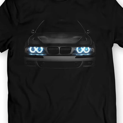 Legendary Bimmer E39 5 Series Unisex T-Shirt - Black with Blue Headlights & Striped Design, Casual Cotton Crew Neck Tee for Men & Women, Perfect for All Seasons, Casual Wear | Sporty Design | Medium Stretch Fabric