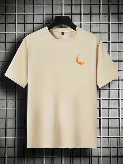 Men's Graphic Print Short Sleeve T-Shirt - Black Relaxed Fit Casual Round Neck, Durable Polyester Fabric, Machine Washable Summer Outdoor Top, Moon And Trees Design | Lightweight Clothing