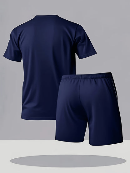 Summer Men's Casual Sport Short Sleeve T-Shirt and Shorts Set, Knitted Polyester Fabric, Comfortable Breathable, Suitable for Outdoor Jogging Running Fitness, KARL KANI Letter Print Design - 2pcs
