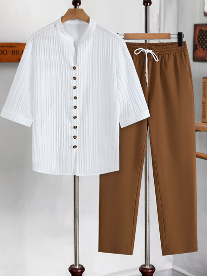 2025 New European and American Men's Summer Casual Wave Pattern Vacation Style Round Neck Short Sleeve and Long Pants Two-Piece Set