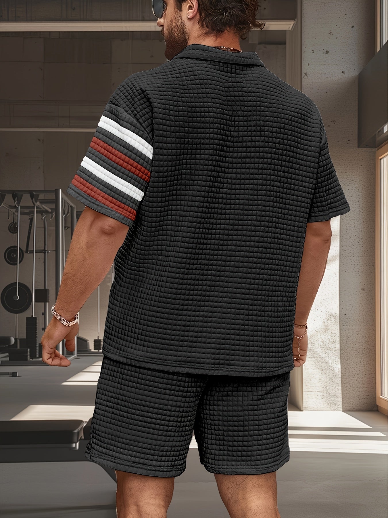 Men'S Sporty Casual Polo Shirt & Shorts Set - Quick-Dry, Breathable, Digital Red Stripe Design, Short Sleeve, Polyester Blend, Ideal for Spring/Fall Workouts, Casual Attire|Striped Shorts|Polyester Blen