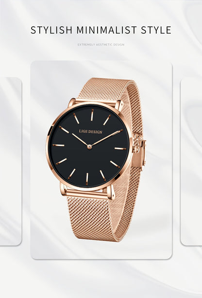 LIGE Women'S Ultra-Thin Quartz Watch with Rose Golden Mesh Strap - Elegant Blue Dial, Minimalist Design, Perfect Gift for Mother'S Day, Christmas, Thanksgiving, Christmas Accessory | Minimalist Watch | Quartz Movement
