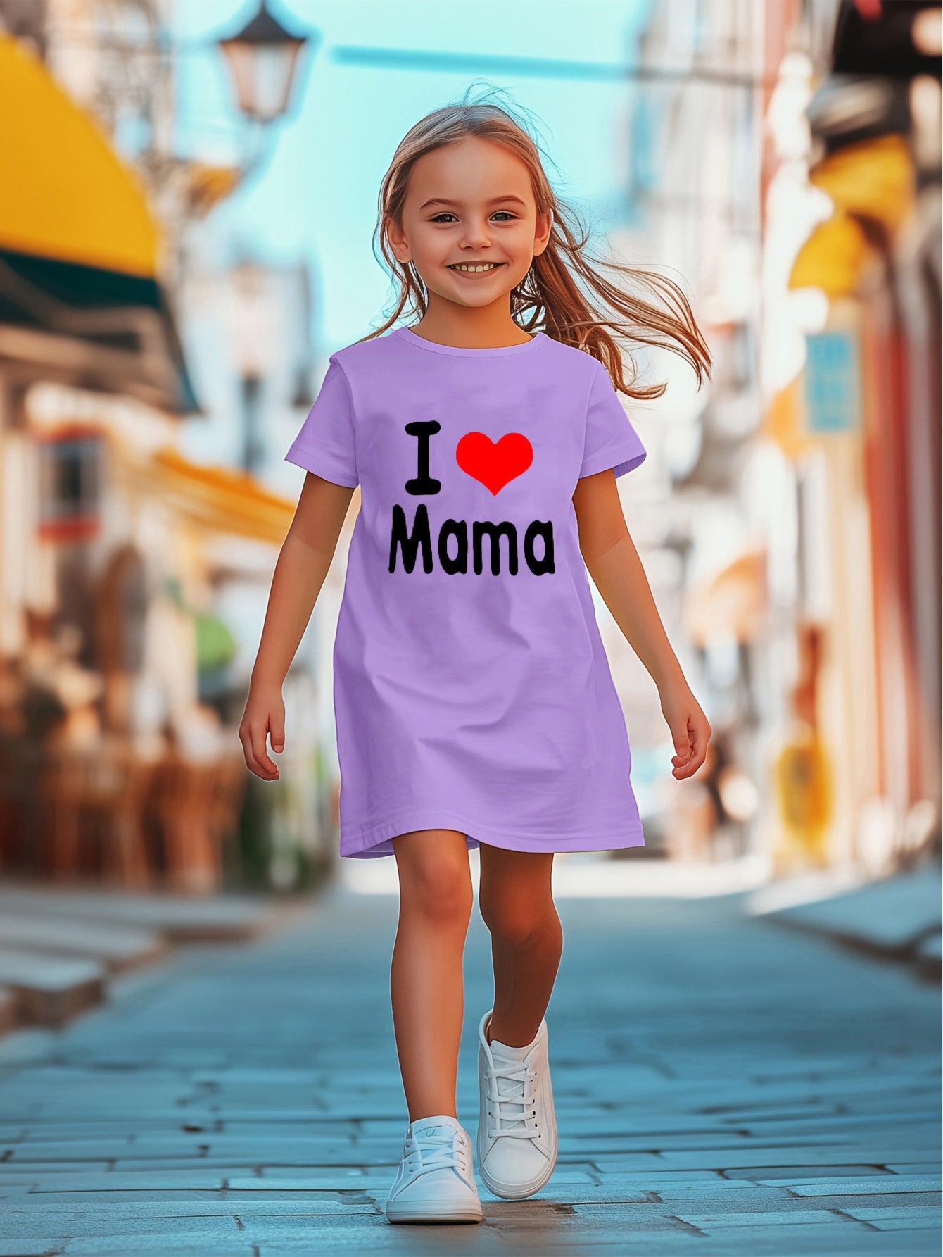 Mother'S Day Gift | "I Love Mama" Red Heart Print Short Sleeve Dress - Casual, Breathable, and Comfortable Polyester Knit, Perfect for Spring/Summer, Mother'S Day Dress | Love Heart Pattern | Comfortable Fit, Mothers Day Dres