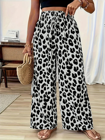 Plus Size, Plus Size Leopard Print French Drawstring Straight Leg Pants