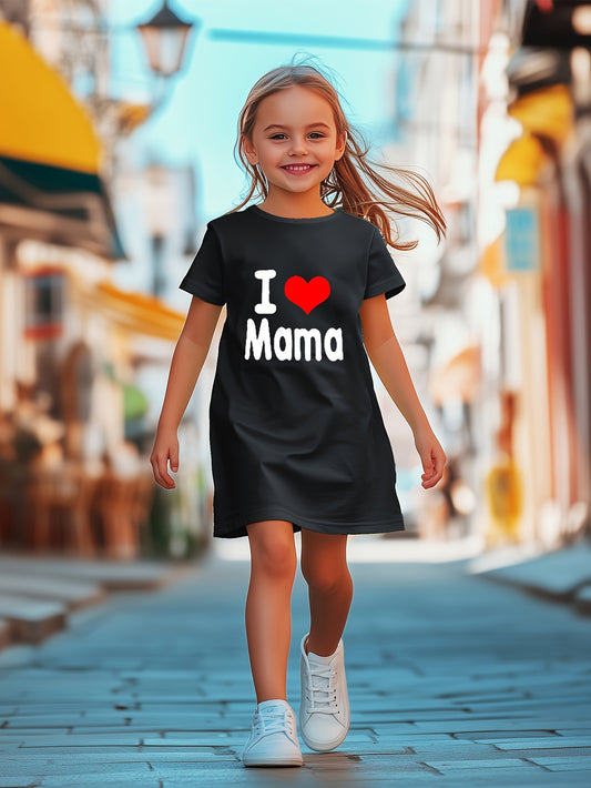 Mother'S Day Gift | "I Love Mama" Red Heart Print Short Sleeve Dress - Casual, Breathable, and Comfortable Polyester Knit, Perfect for Spring/Summer, Mother'S Day Dress | Love Heart Pattern | Comfortable Fit, Mothers Day Dres