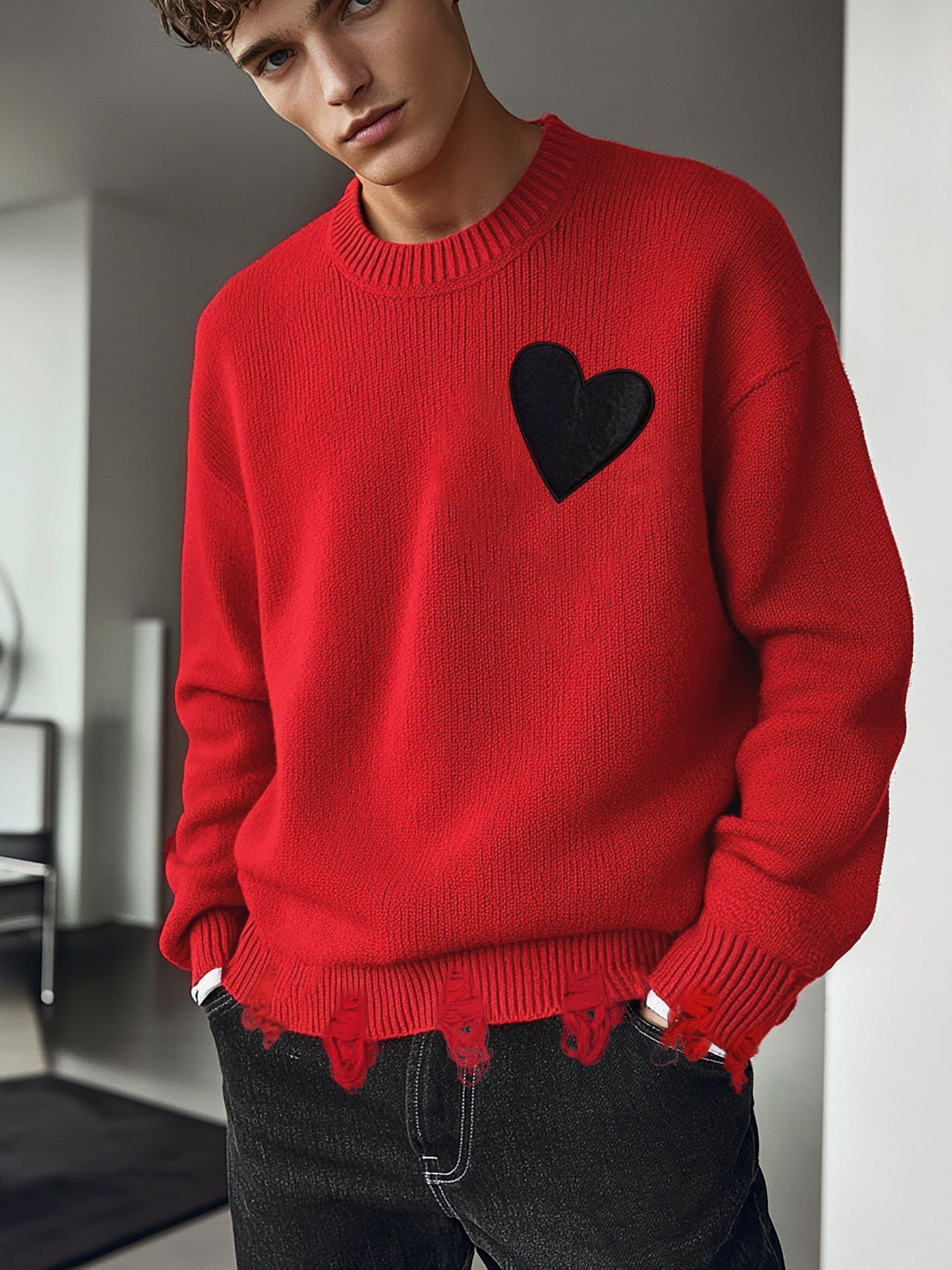 Cozy Men'S Red Heart Knit Sweater - Warm, Comfortable Loose Fit Pullover for Fall/Winter, Casual Crew Neck, Medium Stretch, Viscose Material