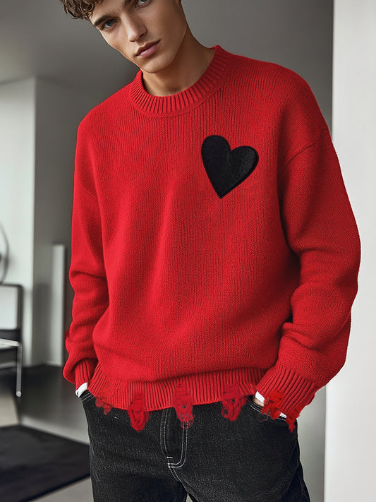 Cozy Men'S Red Heart Knit Sweater - Warm, Comfortable Loose Fit Pullover for Fall/Winter, Casual Crew Neck, Medium Stretch, Viscose Material