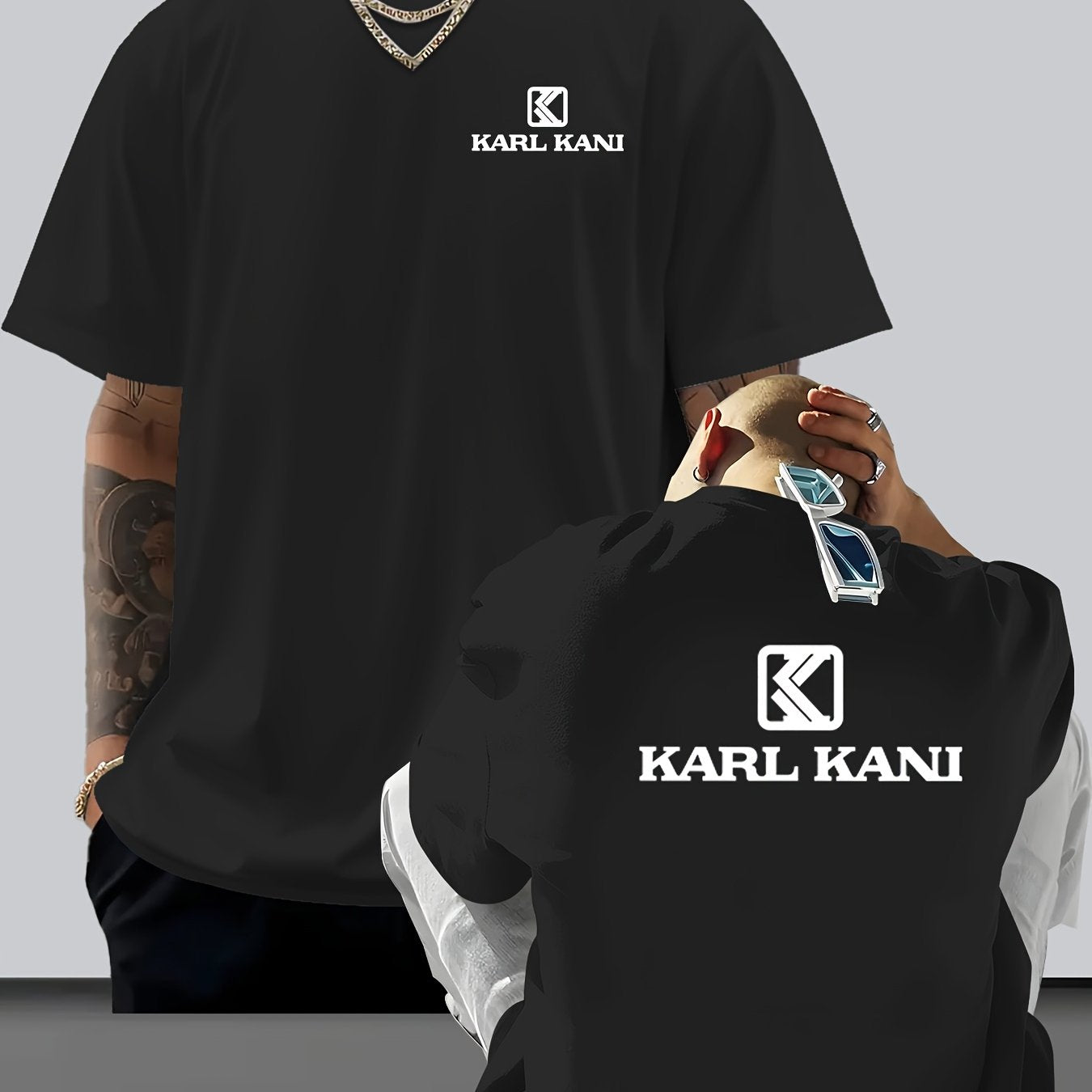 Men'S Casual Crew Neck T-Shirt with "KARL KANI" Graphic - Breathable, Moisture-Wicking, Short Sleeve, Regular Fit, Geometric Pattern, Ideal for Home & Outdoor Activities, All-Season Comfort, Outdoor Clothing | Relaxed Fit Shi