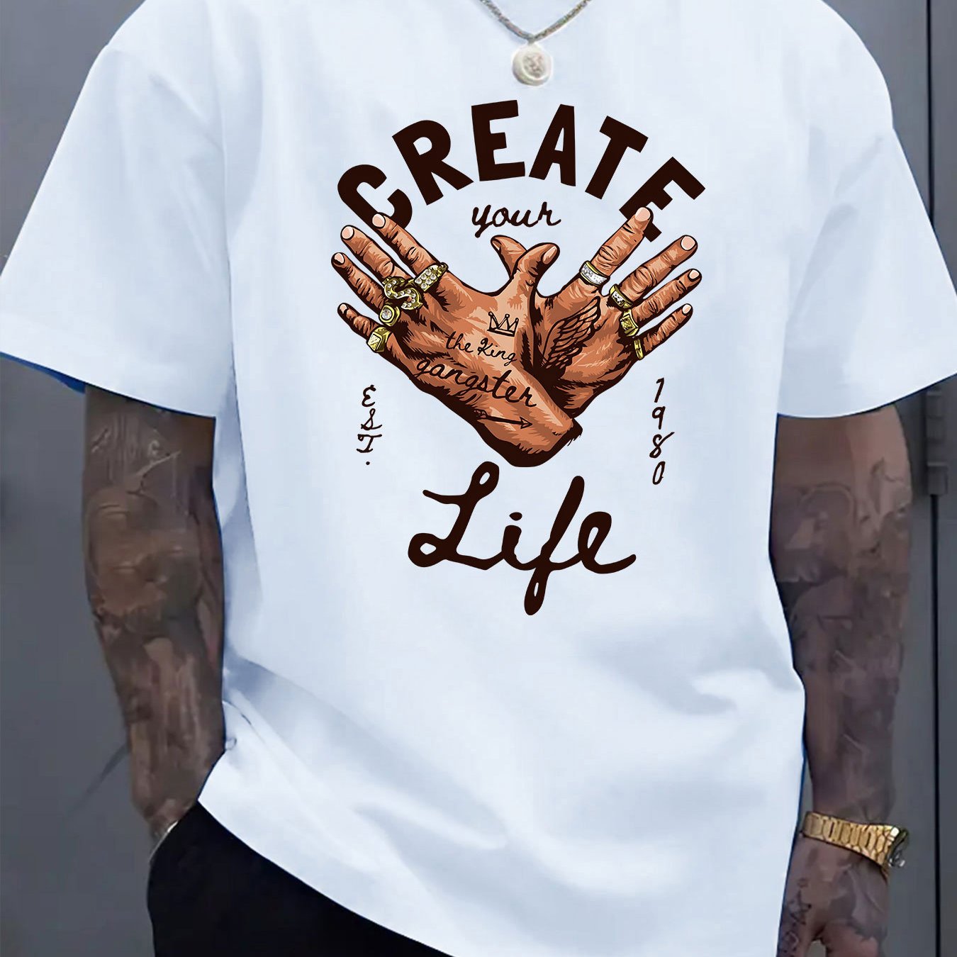 Men's Short-Sleeve T-Shirt with Inspirational "CREATE Your Own Life" Print & Prayer Hands Design - Elastic Round Neck, Breathable Fabric for Summer Outdoor Activities, Casual Comfort Fit, Machine Washable, Artistic Lifestyle