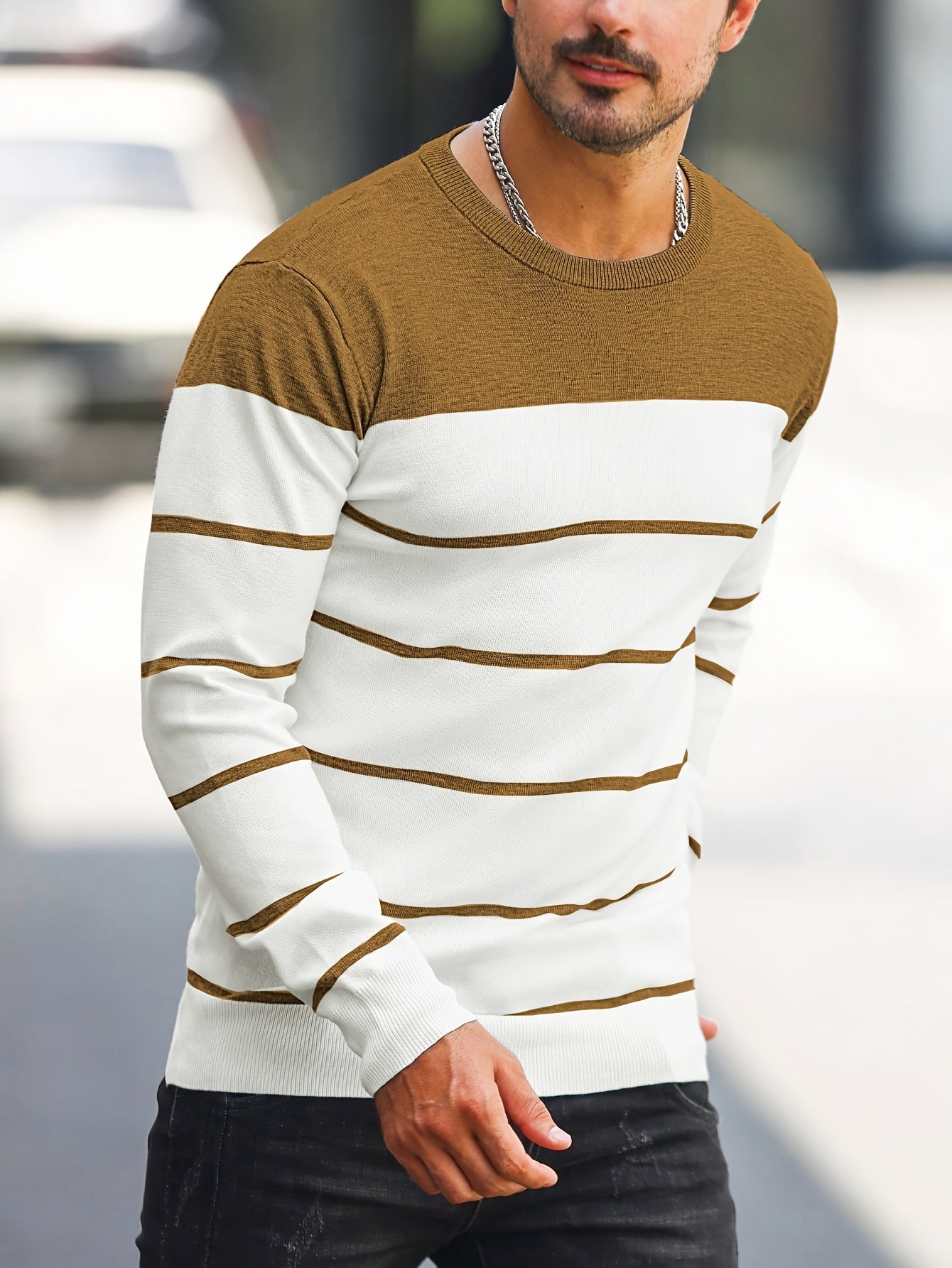 Men's Casual Striped Knit Pullover Sweater - Navy & White Contrast, Regular Fit H-Silhouette, Long Sleeve Crew Neck, Medium Stretch, Machine Washable for Spring & Fall, Mediumstretch Fabric