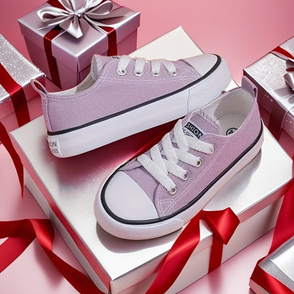Kids' Breathable Low-Top Canvas Sneakers - Casual Lace-Up Shoes with Rubber Sole for Boys & Girls, Pink with White Detailing, Round Toe Design, Perfect for Casual Attire or Outdoor Activities